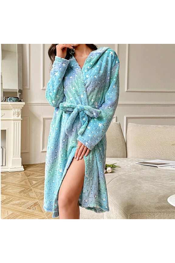 Women's Fleece Fuzzy Robe Calf Length Bath Robe Fluffy Bathrobes Plush Cute Printed Cold Weather