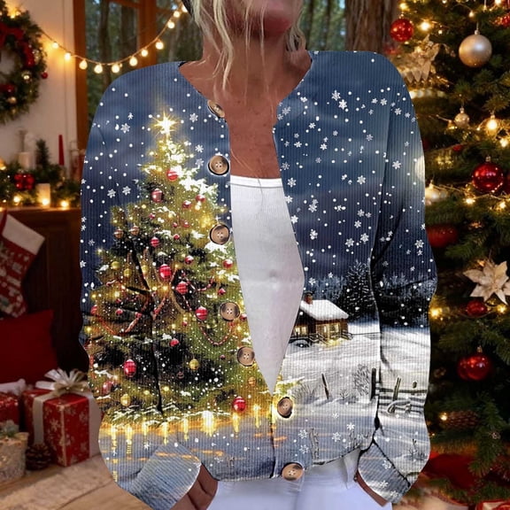 Ailaofu Women's Funny Fall Winter Christmas Tree Long Sleeve Button Knit Cardigan Sweater