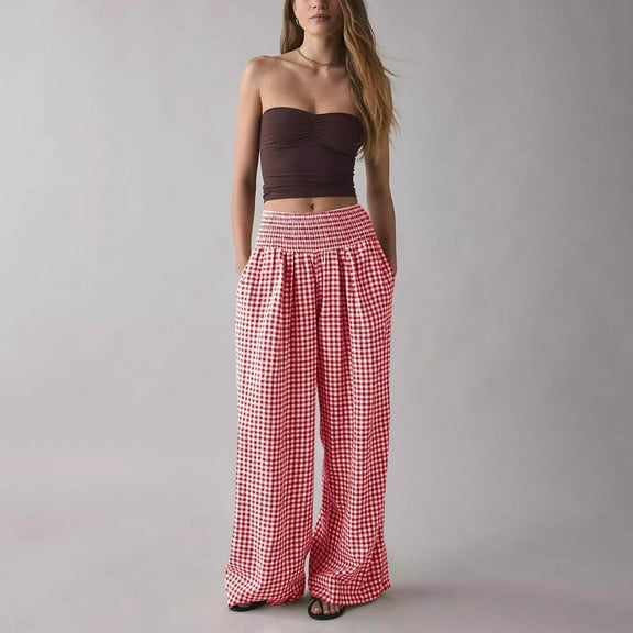 Ailaofu Women's Gingham Pants Cotton Wide Leg Plaid Pant Elastic Waist Lounge Pajama Bottoms Y2K Beach Vacation Trousers with Pockets