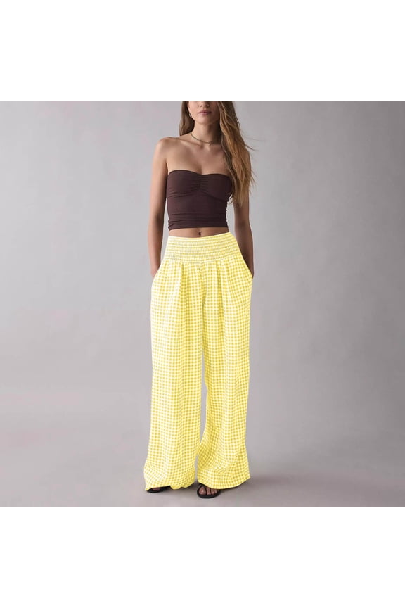 Women's Gingham Pants Cotton Wide Leg Plaid Pant Elastic Waist Lounge Pajama Bottoms Y2K Beach Vacation Trousers with Pockets