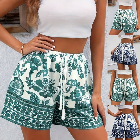 Ailaofu Women's High Waist Elastic Drawstring Wide Leg Shorts Fashion Summer Printed Casual Loose Beach Shorts