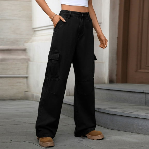 Ailaofu Women's High Waisted Cargo Pants Straight Wide Leg Pants with Flap Pocket Baggy Cargo Pants Relaxed Fit Y2K Pants