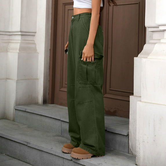 Ailaofu Women's High Waisted Cargo Pants Straight Wide Leg Pants with Flap Pocket Baggy Cargo Pants Relaxed Fit Y2K Pants