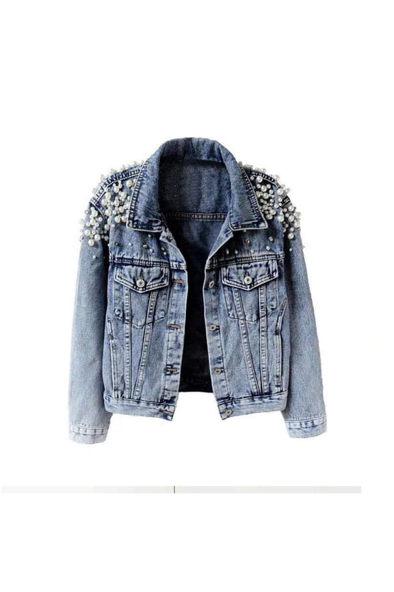 Women's Jean Jacket Embroidered Rivet Pearl Short Denim Jacket Coat