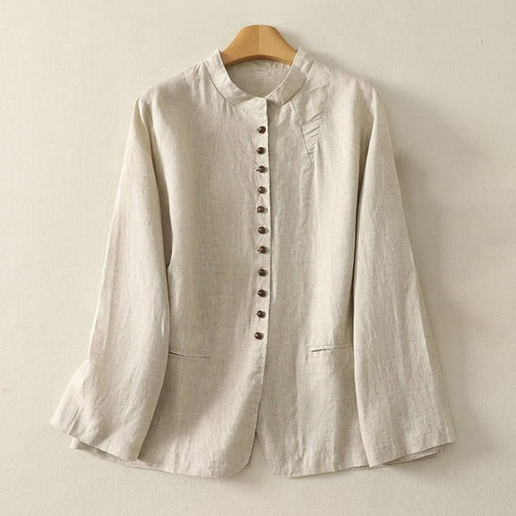 Ailaofu Women's Linen Shirts Oversized Blouses Vintage Long Sleeve Cropped Jackets Loose fit