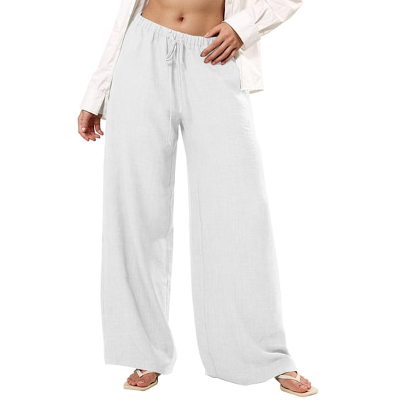Ailaofu Women's Linen Summer Palazzo Pants Flowy Wide Leg Beach Pants with Pockets