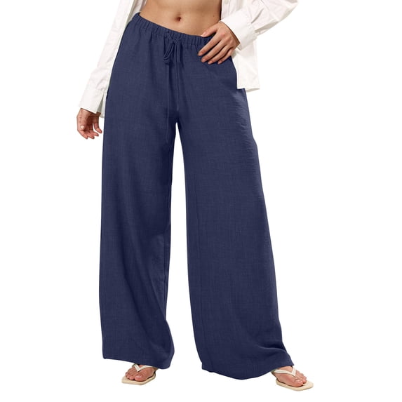 Ailaofu Women's Linen Summer Palazzo Pants Flowy Wide Leg Beach Pants with Pockets