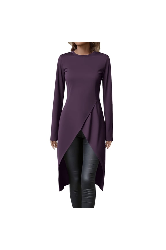 Women's Long Sleeve Shirts Split Wrap Front High Low Hem T-Shirt Basic Solid Fall Tunic Tops