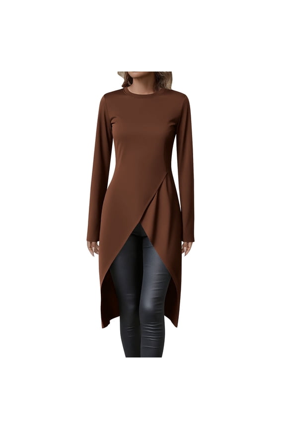 Women's Long Sleeve Shirts Split Wrap Front High Low Hem T-Shirt Basic Solid Fall Tunic Tops