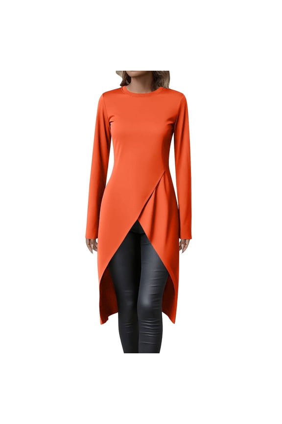 Women's Long Sleeve Shirts Split Wrap Front High Low Hem T-Shirt Basic Solid Fall Tunic Tops