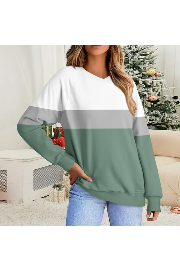 Women's Long Sleeve Tops Casual Color Block V-neck Sweatshirts Pullover Fall Shirts