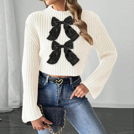 Ailaofu Women's Mock Neck Fall Sweater Bow Cable Knit Pullover Tops