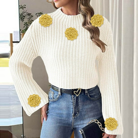 Ailaofu Women's Mock Neck Fall Sweater Flower Cable Knit Pullover Tops