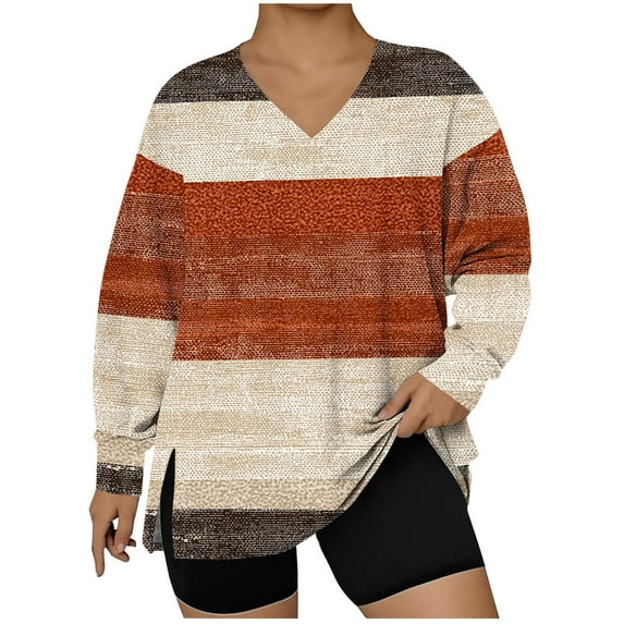 Ailaofu Women's Plaid Shirts Long Sleeve V Neck Split Hem Lightweight Tunic Tops Casual Color Block Plus Size Classic Blouses