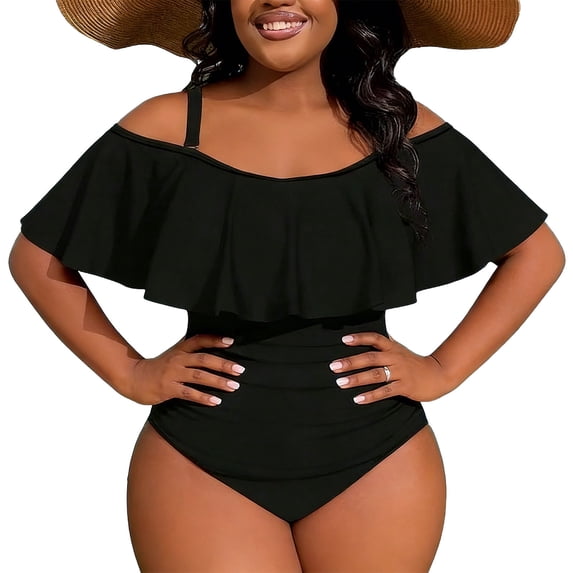Ailaofu Women's Plus Size One Piece Swimsuit Color Block Ruffle Cold Shoulder Swimwear