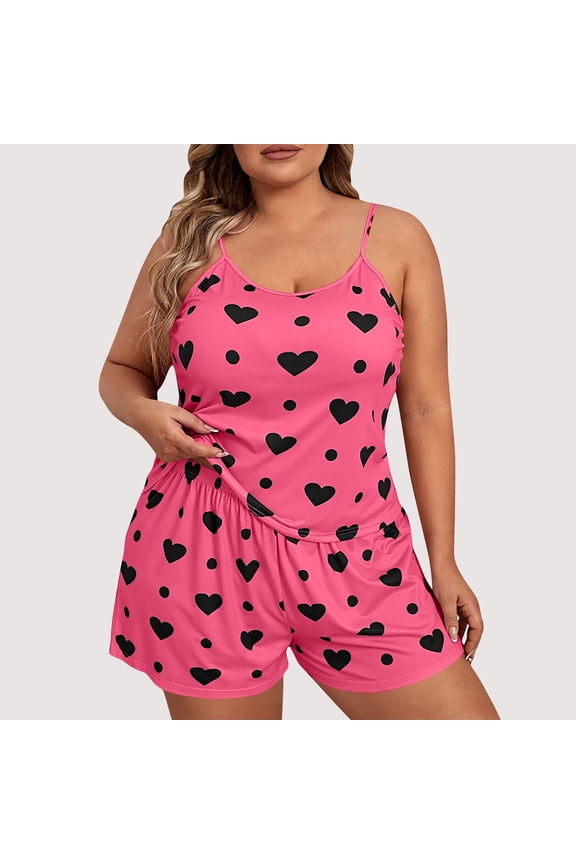 Women's Plus Size Pajama Set 2 Piece Cute Heart Print Lounge Cami Top and Elastic Waist Shorts Pjs Sleepwear