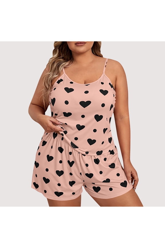 Women's Plus Size Pajama Set 2 Piece Cute Heart Print Lounge Cami Top and Elastic Waist Shorts Pjs Sleepwear