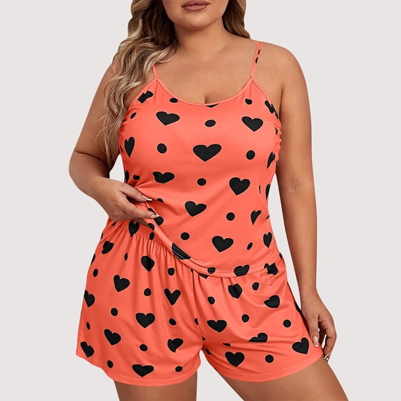 Ailaofu Women's Plus Size Pajama Set 2 Piece Cute Heart Print Lounge Cami Top and Elastic Waist Shorts Pjs Sleepwear