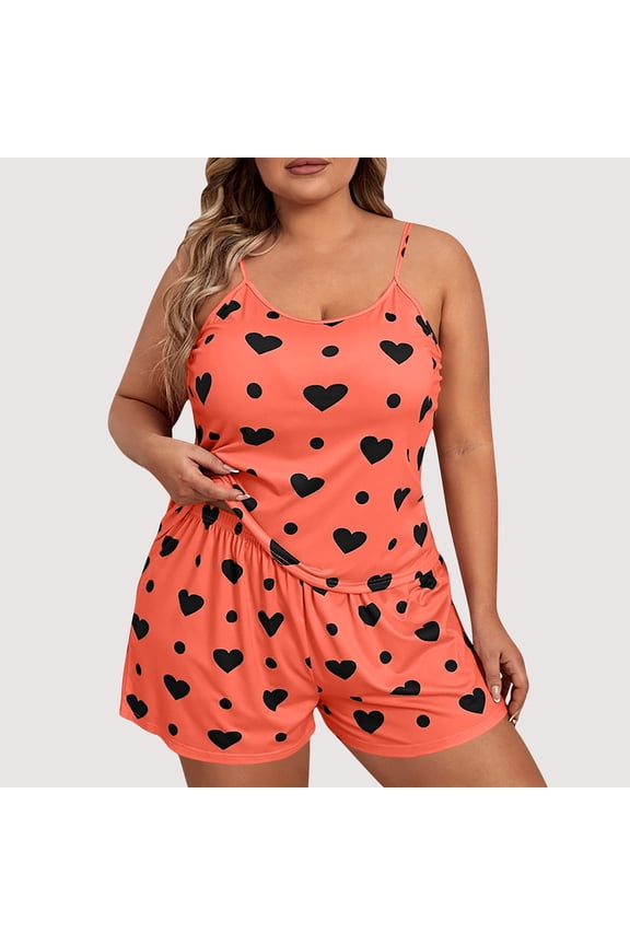 Women's Plus Size Pajama Set 2 Piece Cute Heart Print Lounge Cami Top and Elastic Waist Shorts Pjs Sleepwear