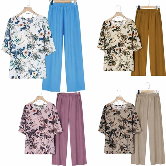 Ailaofu Women's Plus Size Printed Short Sleeve Crew Neck Top Solid Color Trousers Set, Casual Loose Summer Two Piece Set