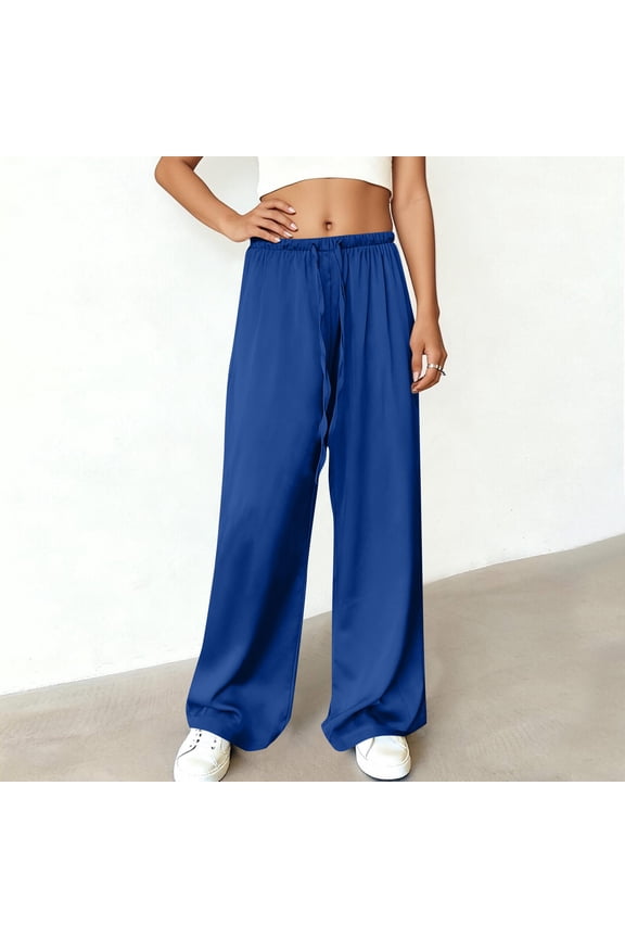Women's Satin Pants Drawstring Waist Straight Leg Lounge Pants