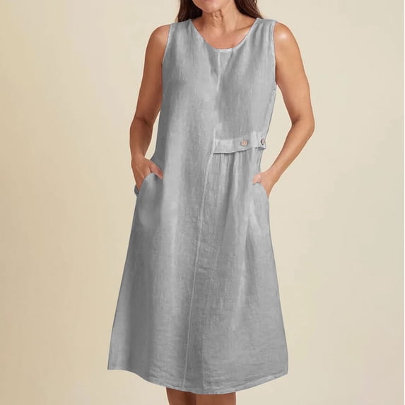 Ailaofu Women's Slub Linen Cotton Sleeveless Button Down Dress with Pockets Summer Beach Dress