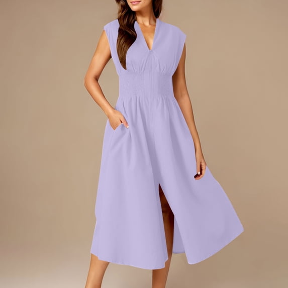 Ailaofu Women's Solid Color Fold V Neck Front Zip Elegant Comfort Midi Dress with Functional Pockets