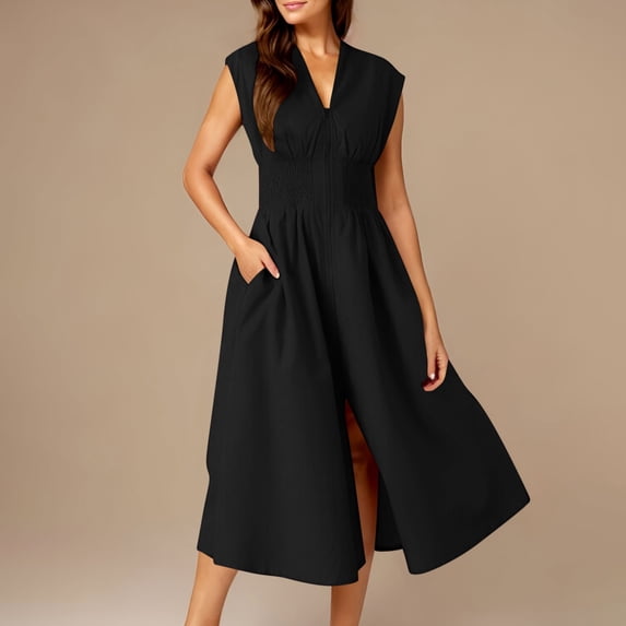 Ailaofu Women's Solid Color Fold V Neck Front Zip Elegant Comfort Midi Dress with Functional Pockets