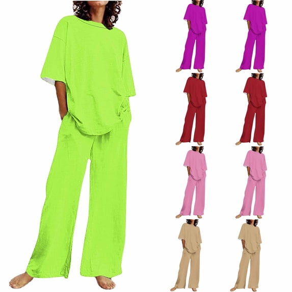 Ailaofu Women's Solid Color Short Sleeve Round Neck Top Trousers Set, Casual Two Piece Set, Soft Breathable Summer Set