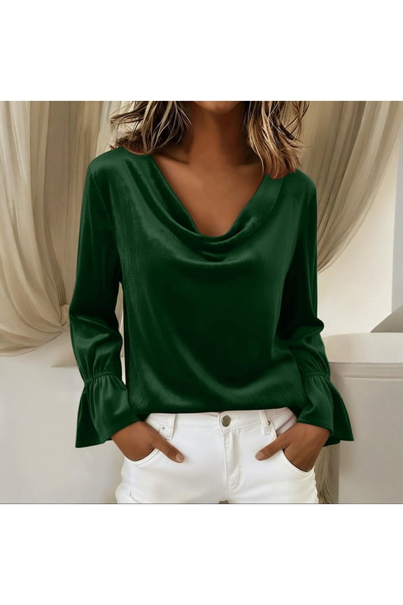 Women's Solid Color Velvet Long Sleeve Top - Elegant Cowl Neck Blouse
