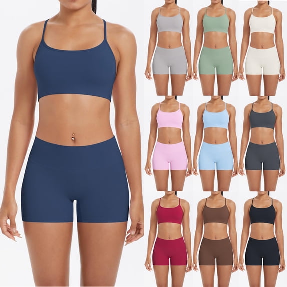 Ailaofu Women's Solid Color Yoga Sports Two Piece Set, Summer Sports Breathable Top and Tight Shorts Casual Set