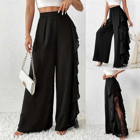 Ailaofu Women's Solid Wide Leg Dress Trousers, High Waist Ruffle Trim Lace Split Side Casual Bottom, Summer Elegant Pants for Cocktail Party Evening Dating Formal Occasions