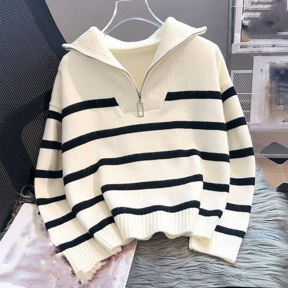 Ailaofu Women's Striped Quarter Zip Pullover Sweater Mock Neck Knit Fall Fashion Casual Sweater