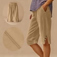 thumbnail image 1 of Ailaofu Women's Summer And Corduroy Solid Color Loose Straight Leg Pants With Pockets Side Slit Buttons Capri Pants, 1 of 7