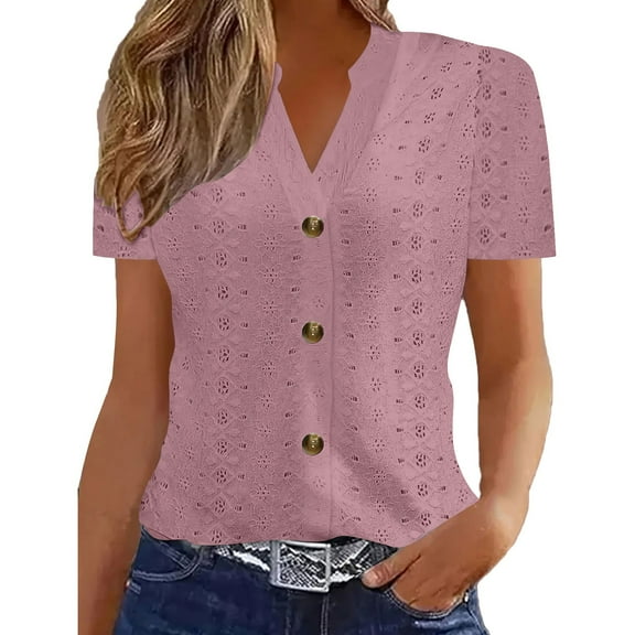 Ailaofu Women's Summer Blouse V Neck Short Sleeve Dressy Button Up Shirts Tops