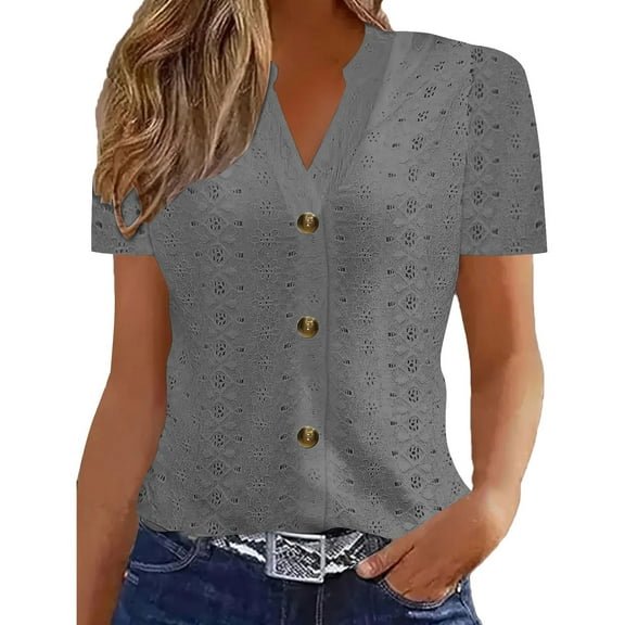 Ailaofu Women's Summer Blouse V Neck Short Sleeve Dressy Button Up Shirts Tops