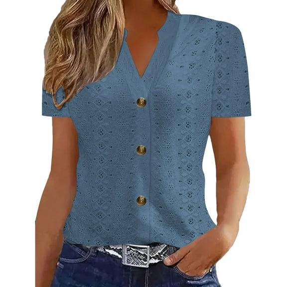 Ailaofu Women's Summer Blouse V Neck Short Sleeve Dressy Button Up Shirts Tops