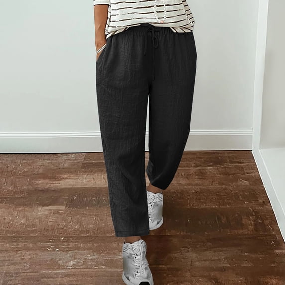 Ailaofu Women's Summer Drawstring Waist Wide Leg Loose Cotton Linen Palazzo Pants