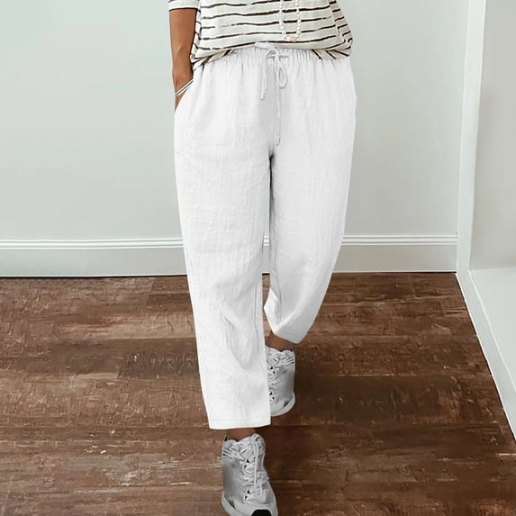 Ailaofu Women's Summer Drawstring Waist Wide Leg Loose Cotton Linen Palazzo Pants