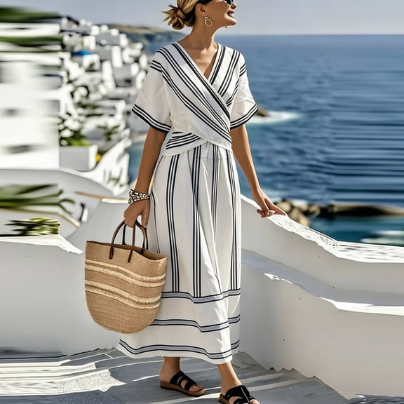 Ailaofu Women's Summer Dress Short Sleeve V Neck High Waist Casual Loose Striped Midi Dresses