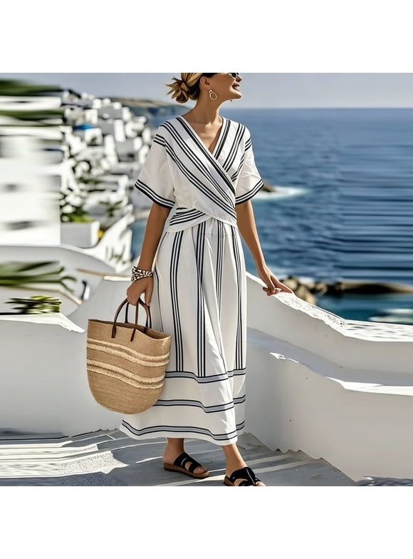 Women's Summer Dress Short Sleeve V Neck High Waist Casual Loose Striped Midi Dresses
