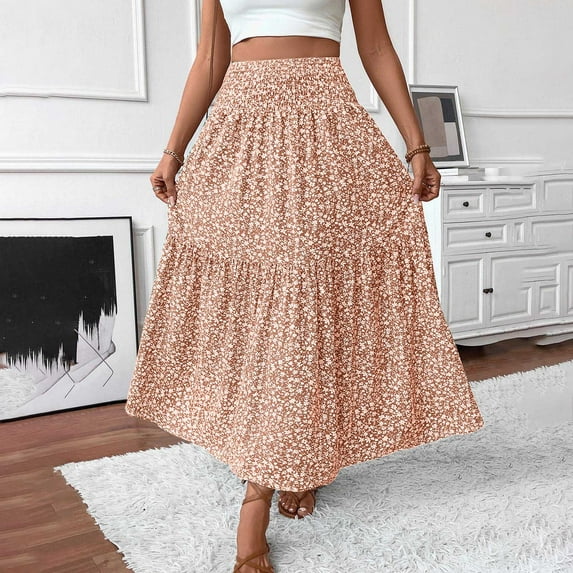 Ailaofu Women's Summer Floral Print Elastic Waist Casual Flowy Midi Skirt For Daily Beach Wear