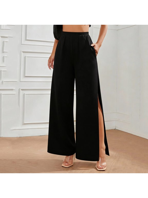Women's Summer High Waist Split Wide Leg Pants Elastic Waist Casual Trousers Loose Flowy Dress Pants for Daily Wear