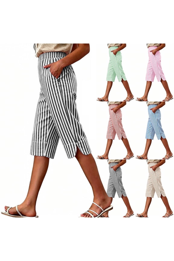 Women's Summer Striped Slit Shorts, Fashion Elastic Waist Casual Loose Knee Length Shorts with Pockets