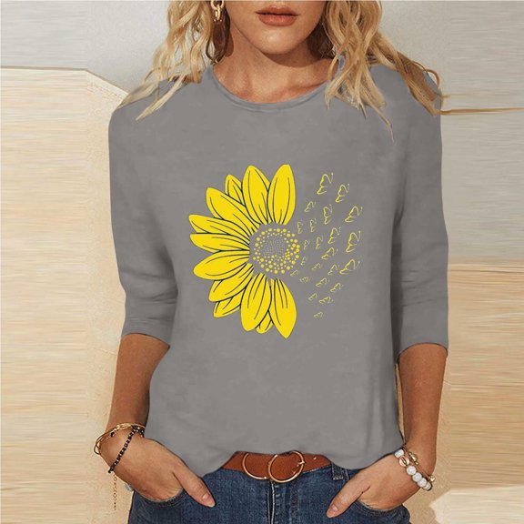 Ailaofu Women's Summer Sunflower T Shirt Cute Flower Graphic Loose Tees Crew Neck 3/4 Sleeve Casual Tops