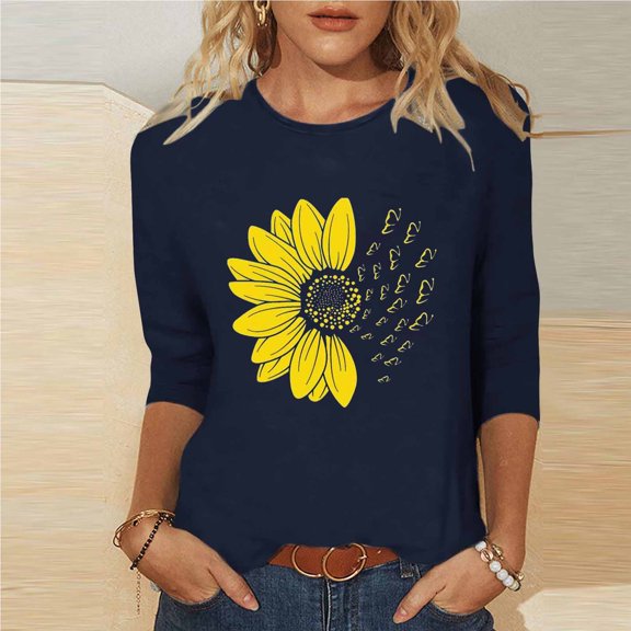 Ailaofu Women's Summer Sunflower T Shirt Cute Flower Graphic Loose Tees Crew Neck 3/4 Sleeve Casual Tops