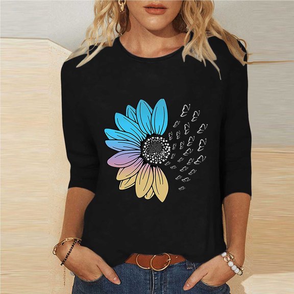 Ailaofu Women's Summer Sunflower T Shirt Cute Flower Graphic Loose Tees Crew Neck 3/4 Sleeve Casual Tops