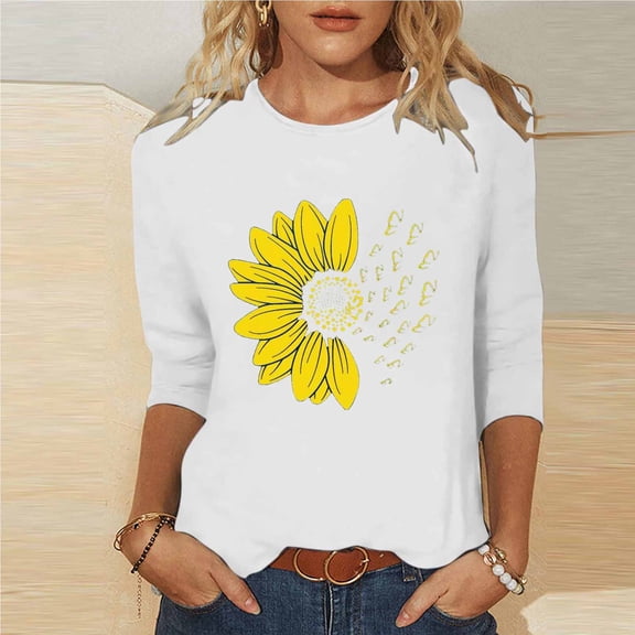 Ailaofu Women's Summer Sunflower T Shirt Cute Flower Graphic Loose Tees Crew Neck 3/4 Sleeve Casual Tops