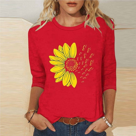 Ailaofu Women's Summer Sunflower T Shirt Cute Flower Graphic Loose Tees Crew Neck 3/4 Sleeve Casual Tops