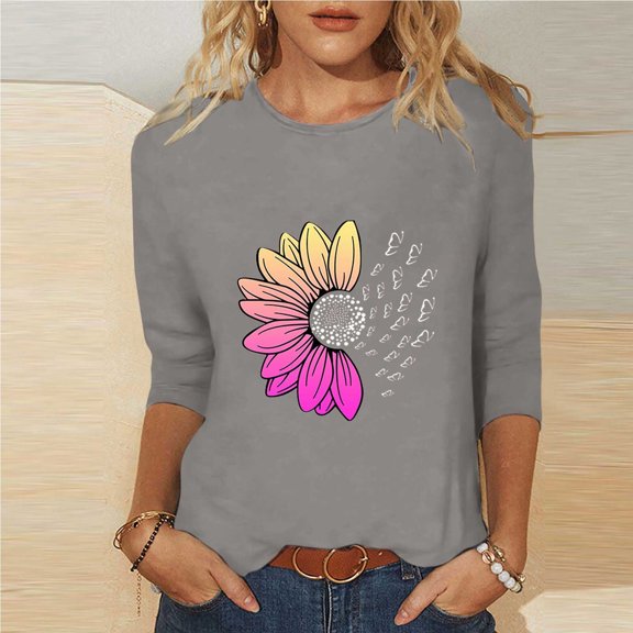 Ailaofu Women's Summer Sunflower T Shirt Cute Flower Graphic Loose Tees Crew Neck 3/4 Sleeve Casual Tops